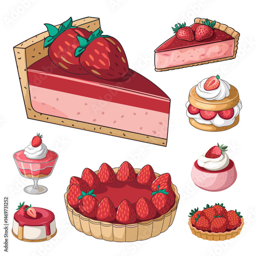 Assorted strawberry desserts in doodle vector style on white background