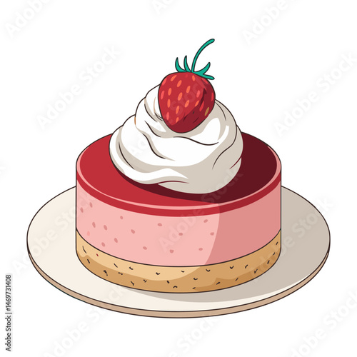 Strawberry mousse cake with whipped cream and strawberry on plate, vector illustration