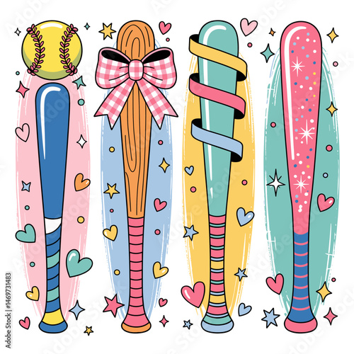 Whimsical baseball themed vector illustration with playful brushstroke design