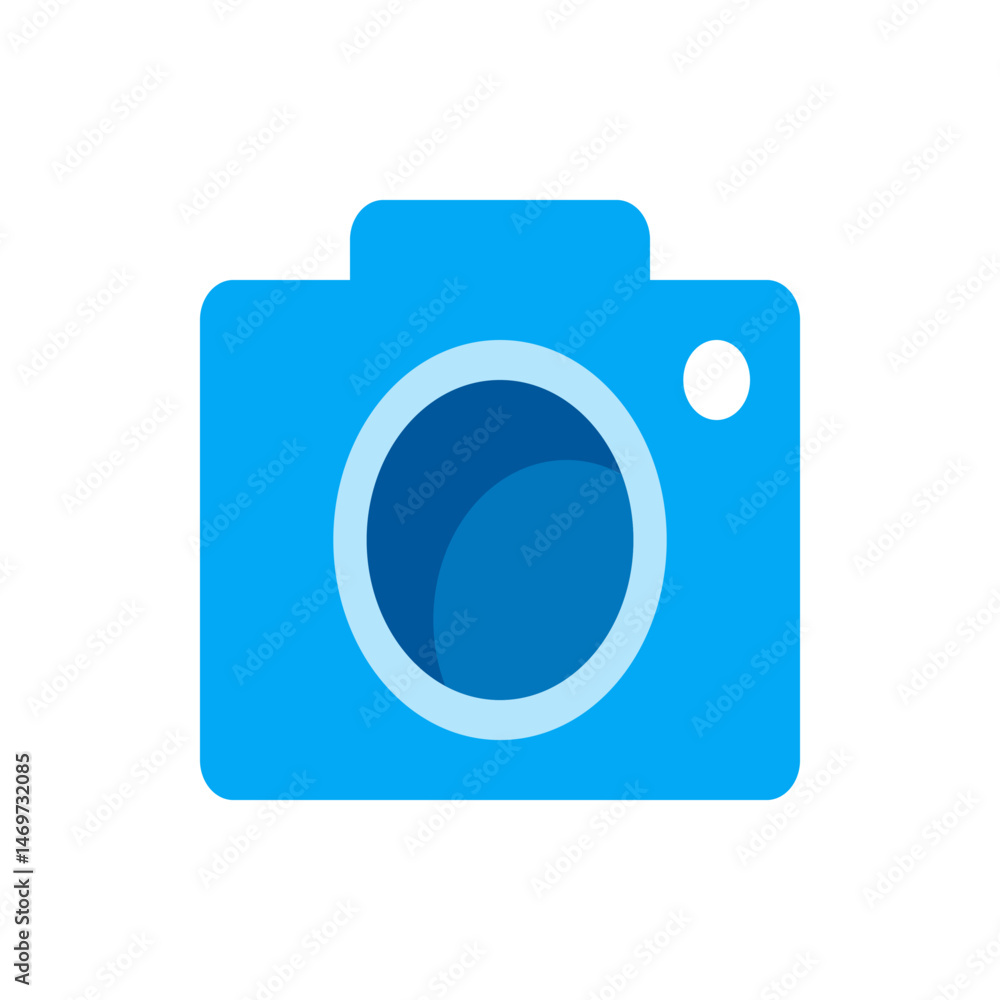 Illustration of a light blue camera with a dark blue lens and a white flash in a square format image Illustration of a light blue camera with a dark blue lens and a white flash in a square format image