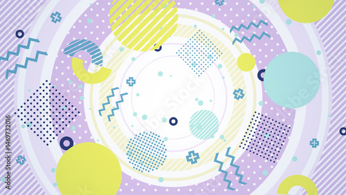 大きな円の上にメンフィス風の図形や模様が並ぶポップな平面構成 - ホワイト