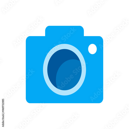 Illustration of a light blue camera with a dark blue lens and a white flash in a square format image
