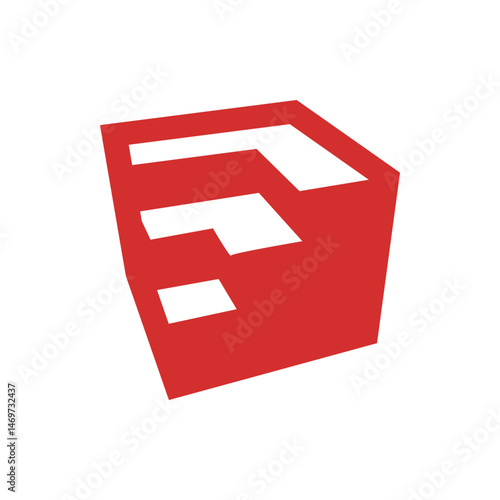 Red cube featuring three white horizontal shapes stacked vertically on a white background in a simple design