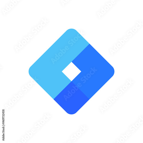 A stylized diamond shape with two shades of blue and a white diamond in the center of the shape