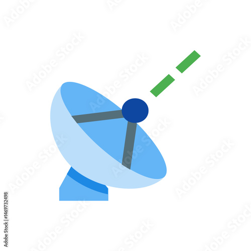 A cartoon style illustration of a blue satellite dish with a green signal on a white background design