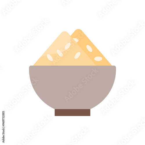A bowl filled with yellow rice and white grains stacked high on a brown base against a white background