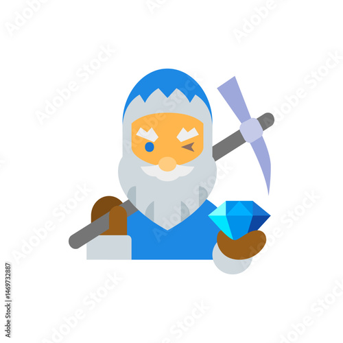 Cartoon dwarf miner with a blue hat holding a pickaxe and a large diamond with a winking expression