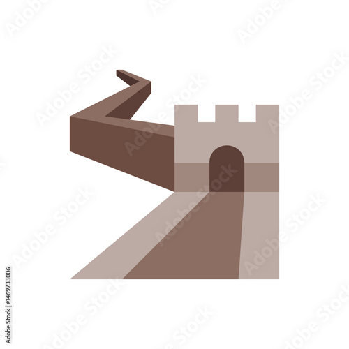 Illustration of a section of the great wall of china with a tower and winding wall on a white background