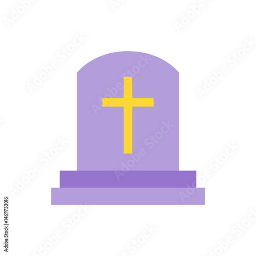 A simple illustration of a lavender gravestone with a yellow cross in the center on a white background