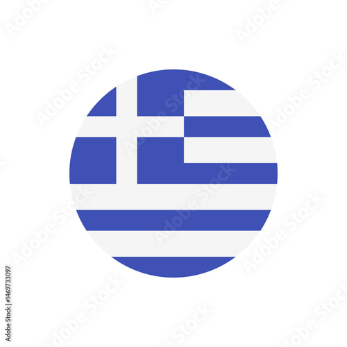 A circular representation of the greece flag featuring blue and white horizontal stripes and a cross emblem