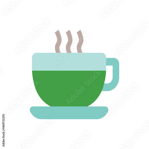Illustration of a green tea cup on a saucer with steam rising, set against a white background plain view