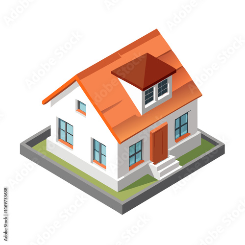 Small 3D House Model – Orange Roof, White Walls, Black Windows