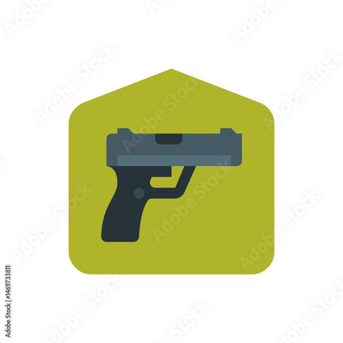 Illustration of a handgun with a dark grip and slide set against a muted green rounded pentagon shape