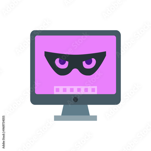 Computer screen displaying a black mask over purple eyes with small square icons at the bottom edge of screen