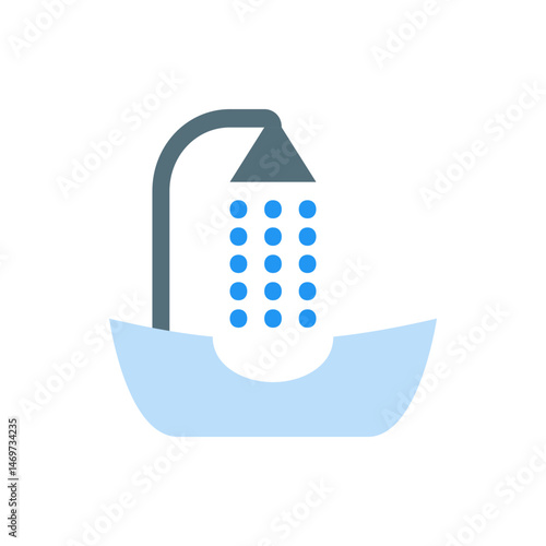 Illustration of a bathtub with a shower head and water droplets falling down in a blue color scheme design