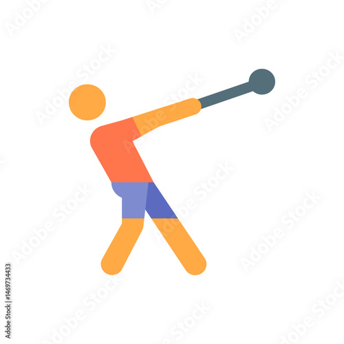 Illustration of a hammer thrower in action with orange head and legs and red shirt and blue shorts
