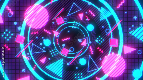 大きな円の上にメンフィス風の図形や模様が並ぶレトロな平面構成 - ピンクネオンカラー