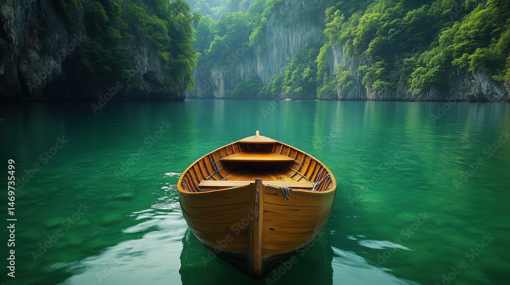a charming fishing boat anchored in emerald green waters with lush cliffs in the background a charming fishing boat anchored in emerald green waters with lush cliffs in the background