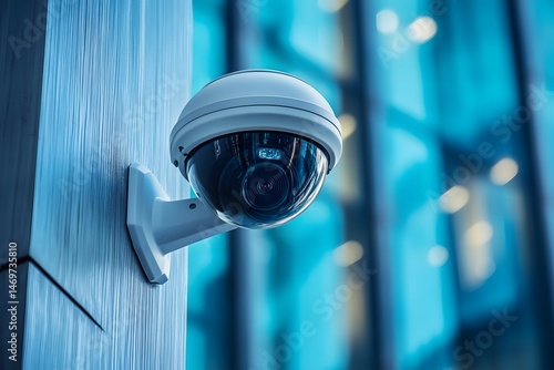 Modern security camera mounted on building exterior for monitoring and surveillance purposes