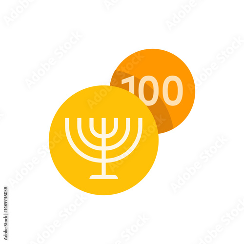 Illustration of a menorah on a yellow circle next to an orange circle with the number one hundred on it