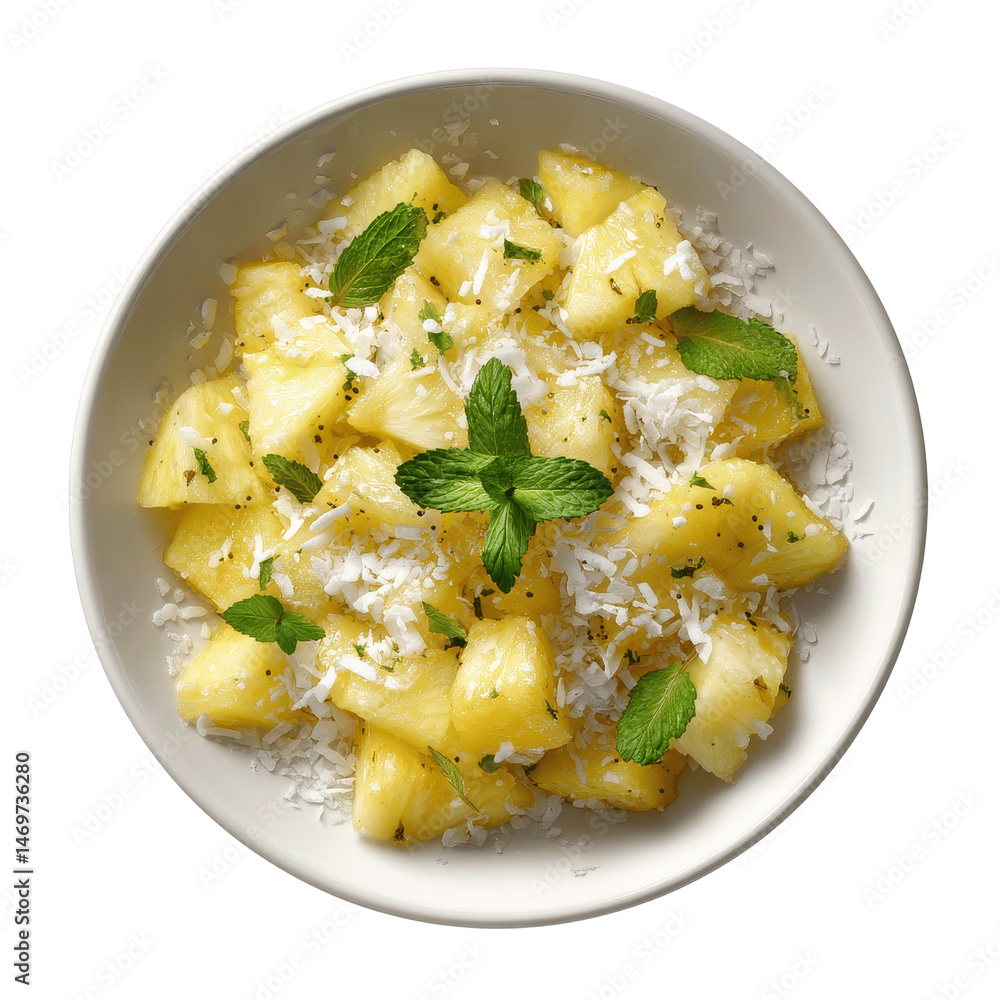 Fresh Pineapple Salad with Mint and Coconut Flakes in a White Bowl Fresh Pineapple Salad with Mint and Coconut Flakes in a White Bowl