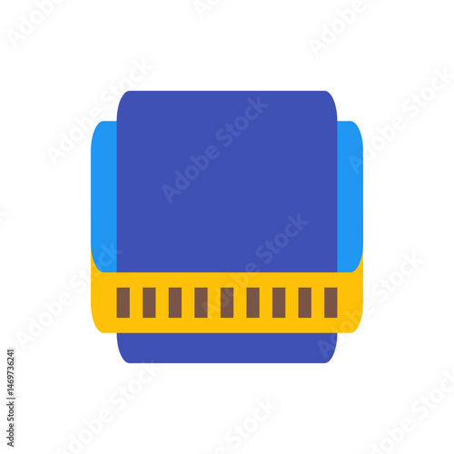 Illustration of a blue and yellow harmonica with visible holes in a simple vector graphic style image