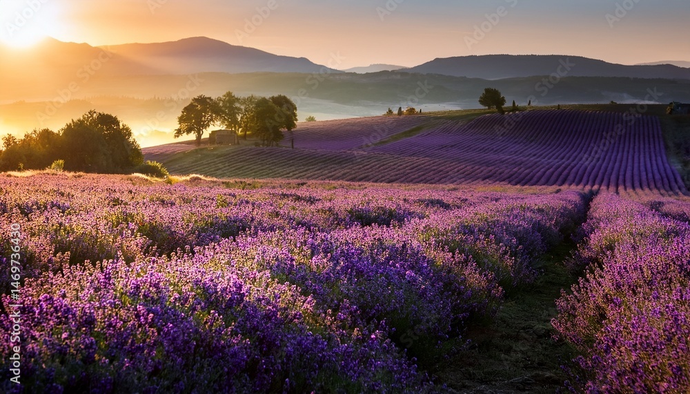 Obraz premium lavender field at sunrise with rolling hills in the background