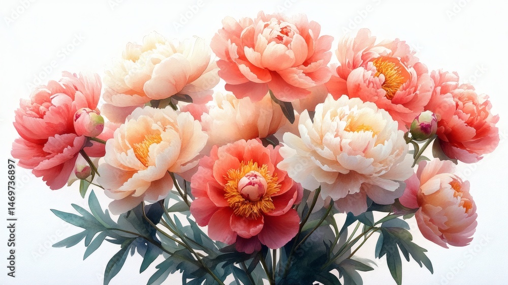 Peony Flower Arrangement, Watercolor Style Peony Flower Arrangement, Watercolor Style