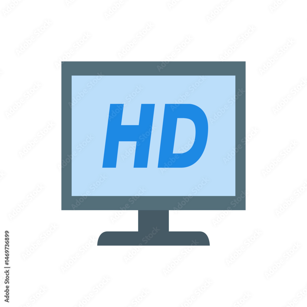 Illustration of a flat screen monitor with a gray frame displaying the letters hd in a light blue color Illustration of a flat screen monitor with a gray frame displaying the letters hd in a light blue color