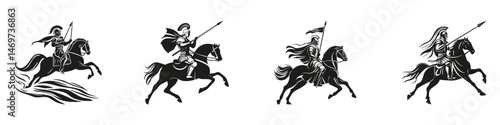 Ancient Warriors On Horseback Silhouette Set. Historical Cavalry And Combat Themes Isolated Vector Illustration Collection