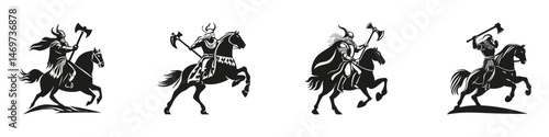 Viking Warriors On Horseback Silhouette Set. Medieval Battle And Norse Mythology Theme Isolated Vector Illustration Collection