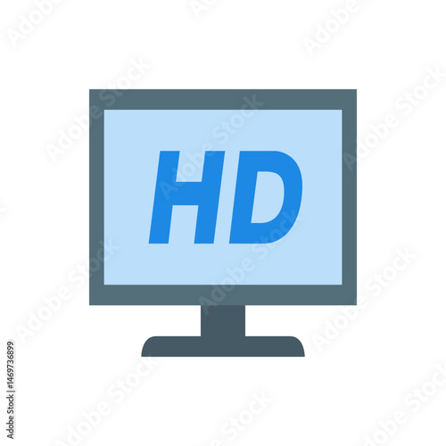 Illustration of a flat screen monitor with a gray frame displaying the letters hd in a light blue color