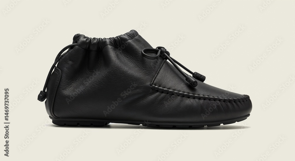 Black leather moccasin slippers for comfortable indoor wear with minimal design Black leather moccasin slippers for comfortable indoor wear with minimal design