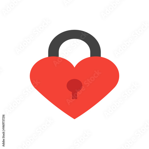 Illustration of a red heart shaped padlock with a dark gray shackle on a white background design style