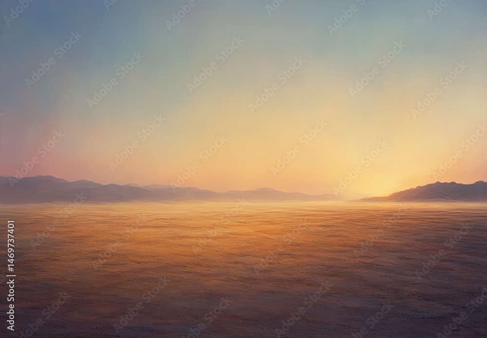 Obraz premium Desert landscape with a sun setting in the background. The sky is a mix of blue and orange