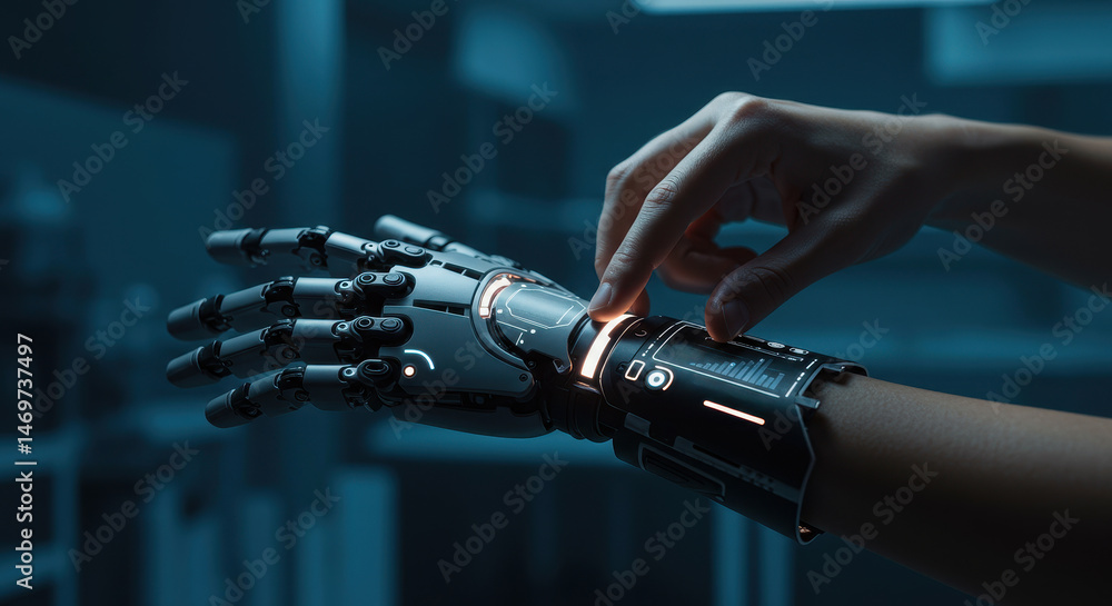 Close up of a scientist using a futuristic robotic arm with a digital interface. The advanced technology highlights innovation and the integration of humans and machines. Close up of a scientist using a futuristic robotic arm with a digital interface. The advanced technology highlights innovation and the integration of humans and machines.