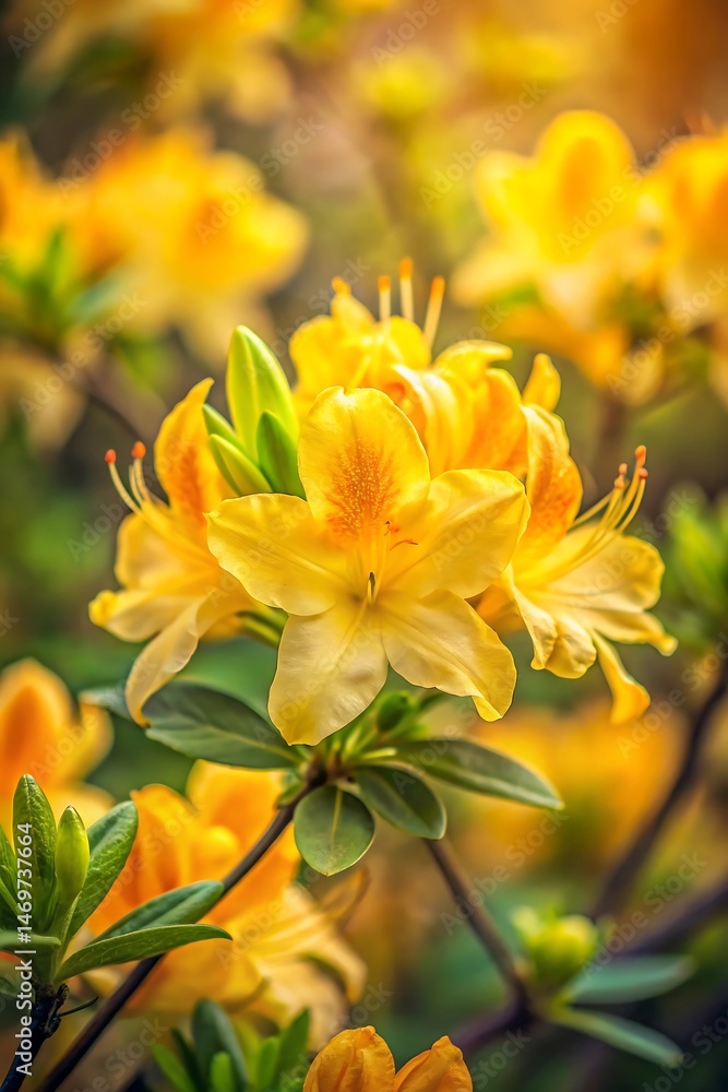 Close up shot of vibrant yellow azalea flowers blooming in a natural garden setting Close up shot of vibrant yellow azalea flowers blooming in a natural garden setting