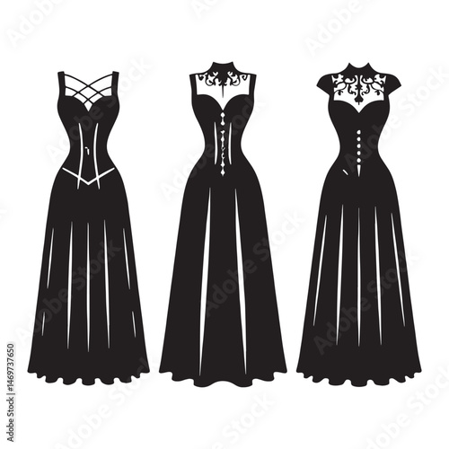 Stylish gothic dress silhouette with corset-style waist and voluminous skirt – Gothic dress vector – Gothic dress illustration – ladies dress silhouette – silhouette of gothic dress



