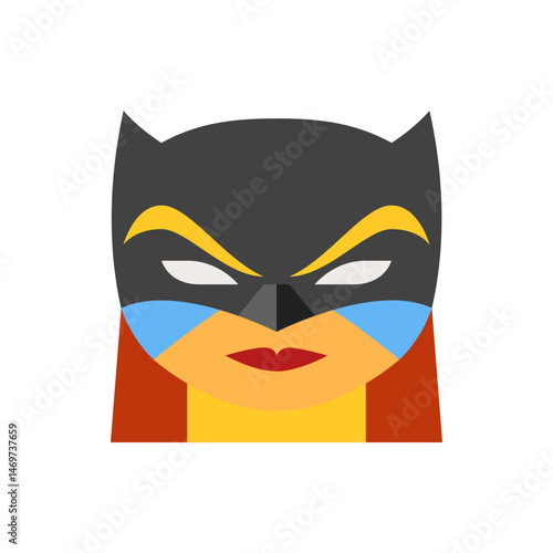 Illustration of a superheroine face with a mask and sharp features in a stylized flat design look
