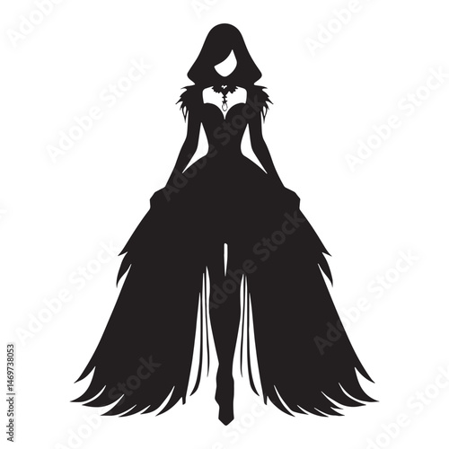 Dark gothic dress silhouette with dramatic ruffles and layers – Gothic dress vector – Gothic dress illustration – ladies dress silhouette – silhouette of gothic dress

