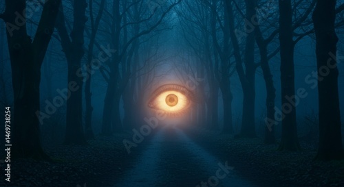 Mysterious forest path, glowing eye