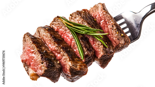 Tender Slices Beef Steak on Fork White Background - Culinary Concept Photography
