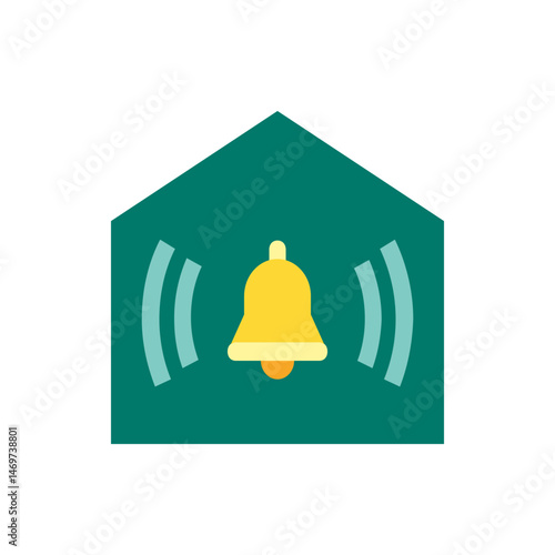 A yellow bell with sound waves inside a green house shaped background illustration for notification icon