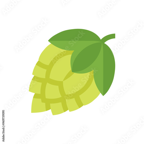 Illustration of a light green hop cone with overlapping segments and three green leaves attached at the top