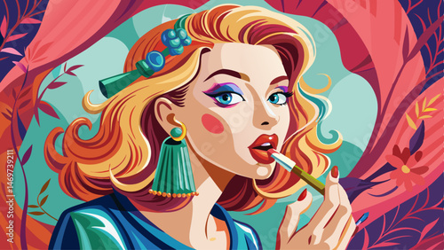  portrait  Girl paints her lips with lipstick