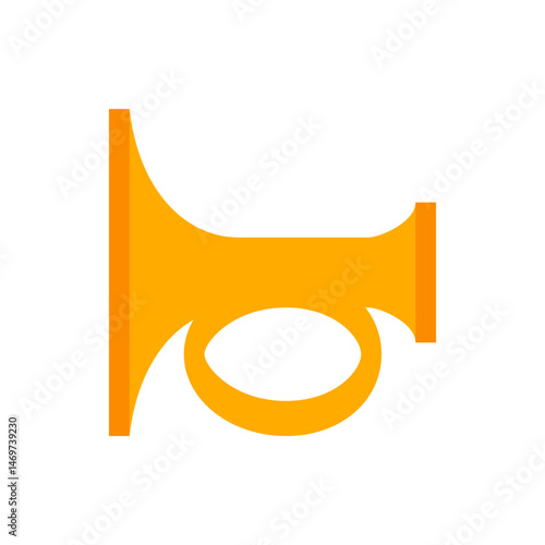 Illustration of a golden yellow bugle with a simple design on a white background in a horizontal layout
