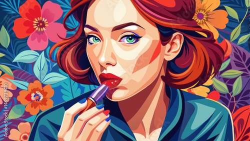  portrait  Girl paints her lips with lipstick
