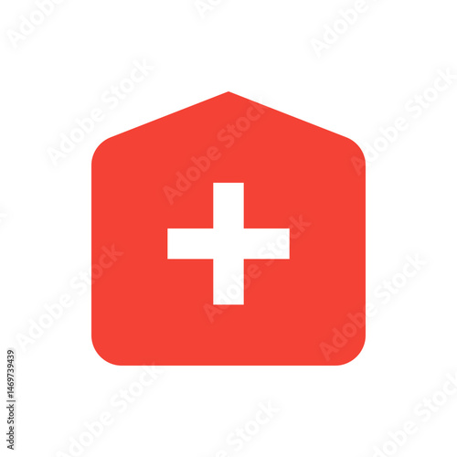 Red house shaped icon with rounded corners and a white plus sign centered inside the house shape design