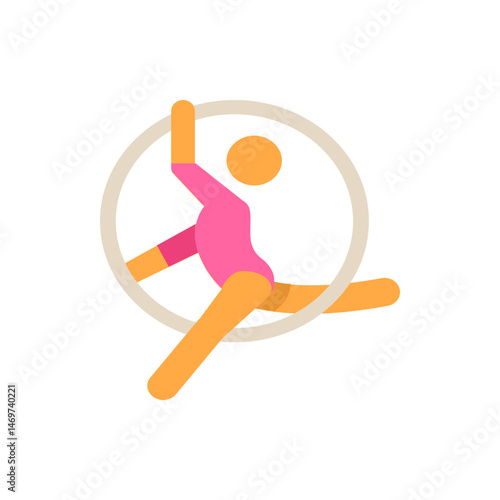 A person in a pink leotard performing aerial hoop acrobatics with legs split inside the ring apparatus