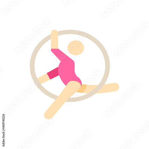 Illustration of a gymnast in a pink leotard performing aerial hoop acrobatics with a circular frame